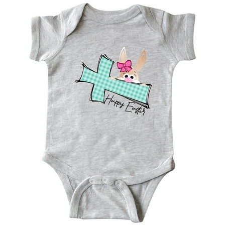 

Inktastic Happy Easter Cute Peeking Bunny and Plaid Cross Gift Baby Boy or Baby Girl Bodysuit
