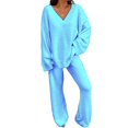 thumbnail image 1 of 2pcs/set Women Solid Tracksuits Set V Neck Loose Tops + Long Pants Loungewear Pajamas Sets, 1 of 2