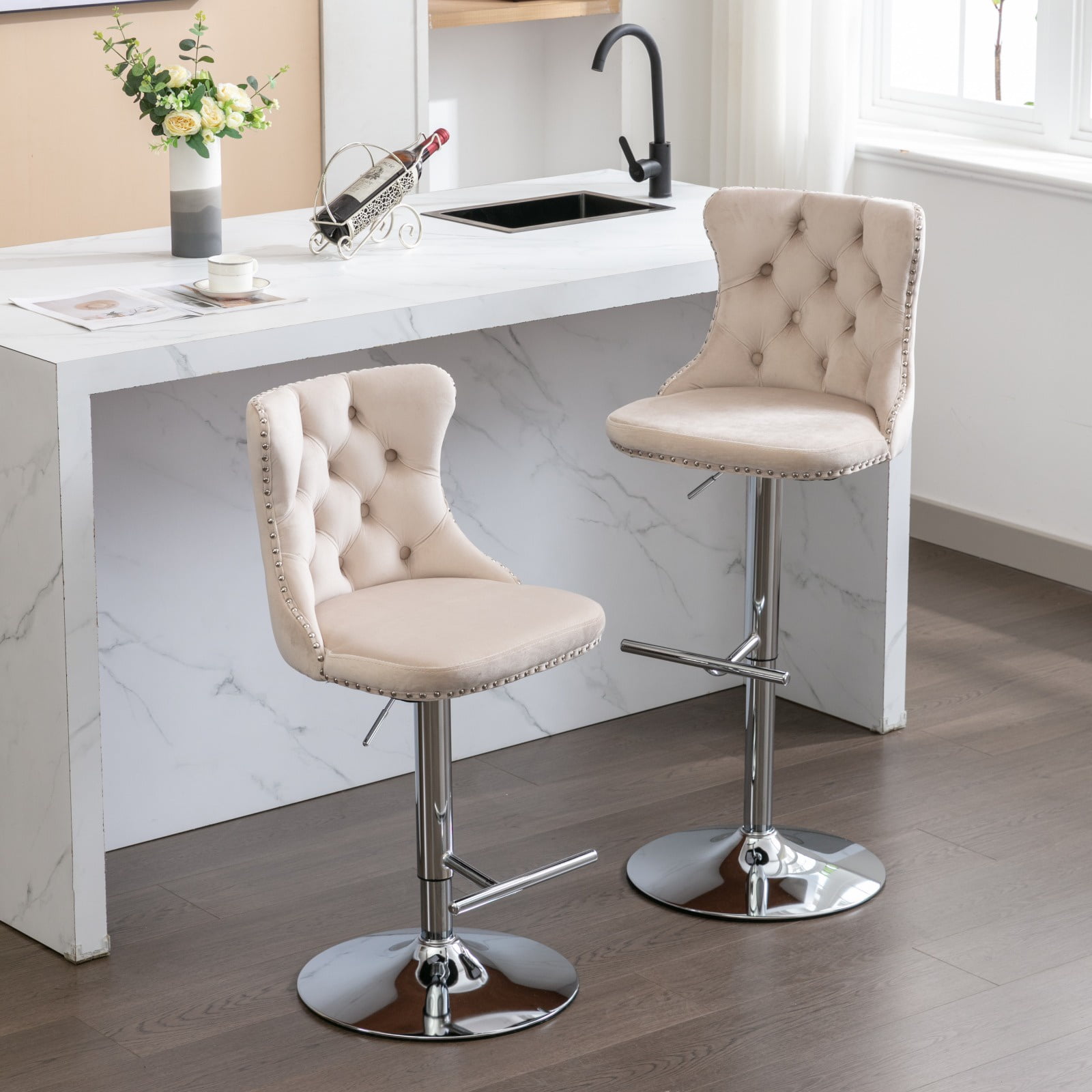 Swivel Bar Stools of 2, LegaHome Velvet Counter Height Barstools, 25-33 Inch Adjustable Height Bar Stools for Kitchen Counter, Modern Upholstered Kitchen Island Chairs, 300lbs Capacity, Beige