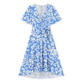 thumbnail image 7 of Smsaxvxz Dresses for Women Fashion Floral Printed V Neck Short Sleeve Bandage Pleated Knee Length Sundress Beach Summer Dresses Light Blue M, 7 of 7