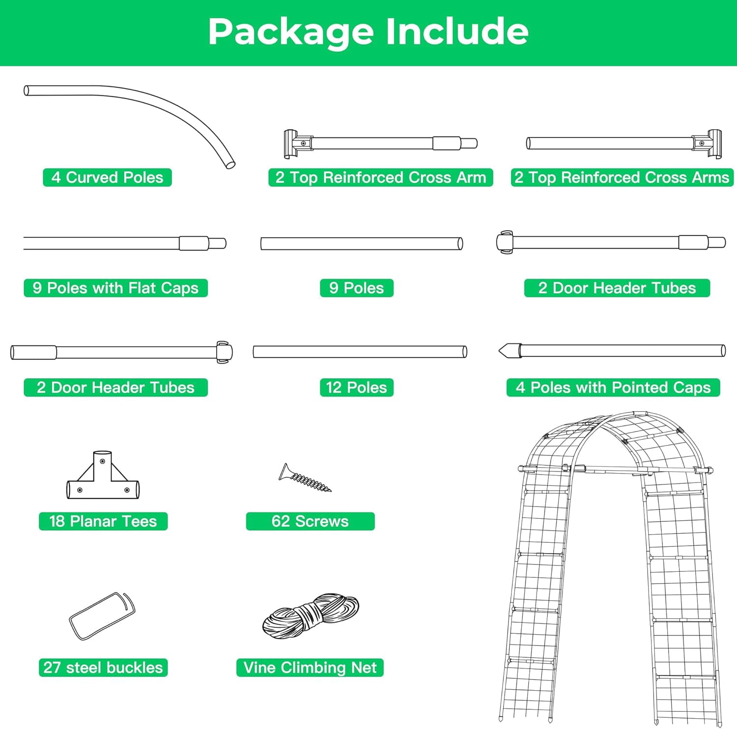 Garden Arch Trellis for Climbing Plants, 82 Inch Tall Metal Vine Support with Clamp Netting for Outdoor Flower Vegetable Tomato Cucumber Garden Decoration