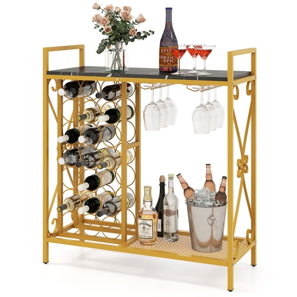 Patiojoy Freestanding Floor Wine Rack, Wooden Coffee Bar Table w/ Wine Storage Black