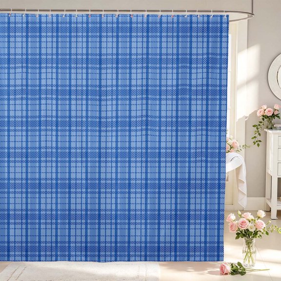 Manfei Geometric Check Shower Curtain 72Wx72L,Classic Plaid Bathroom Curtain,Navy