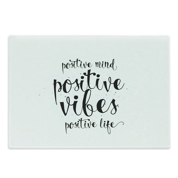 Positive Energy Cutting Board, Simple Monochromatic Illustration with Motivational Words, Decorative Tempered Glass Cutting and Serving Board, in 3 Sizes, by Ambesonne