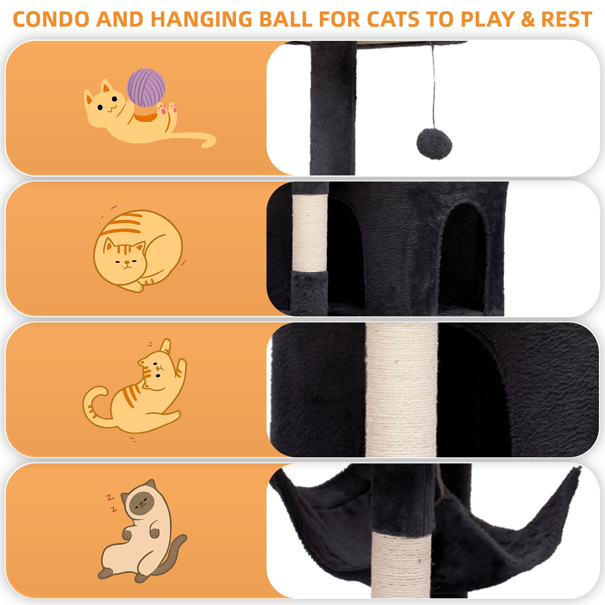 Uforic 75" Multi-Level Cat Tree with Scratching Posts, Caves & Hammock, Dark Gray