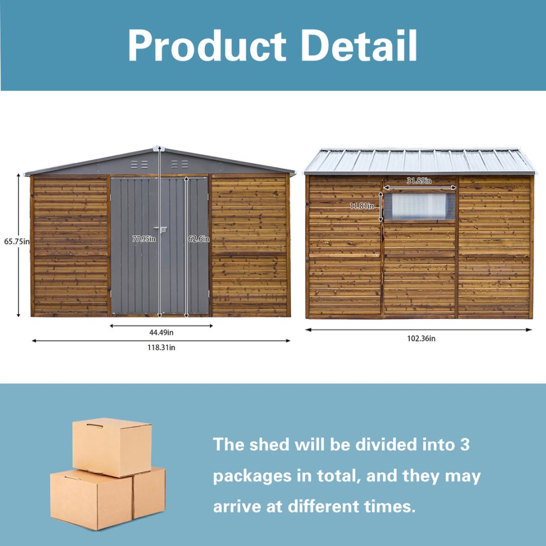 Fehomix 8x10 FT Outdoor Storage Shed, Metal and Wood Tool Shed with Wide Iron Doors & Windows, Weatherproof Garden Shed for Backyard, Lawn Mower & Large Equipment Storage