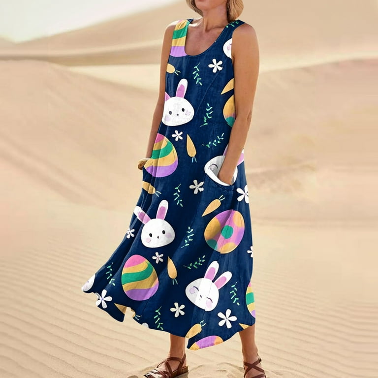 Susanny Womens Easter Dresses Plus Cotton Linen Rabbit Eggs Bunny Long Dress Party Sleeveless Casual Plus Size Beach Dress Navy L