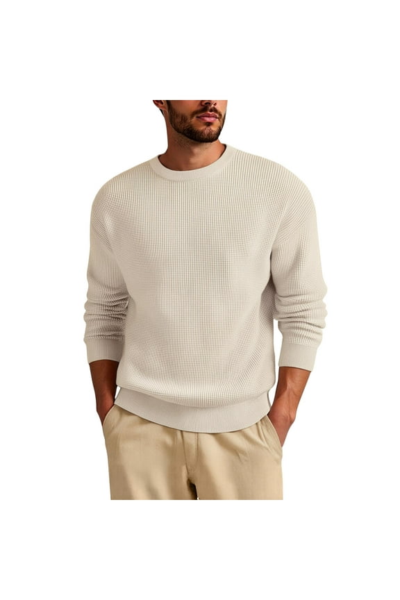 Mens Long Sleeve Shirts French Terry Crewneck Sweatshirt Lightweight Fleece Pullover Sweater ,Beige,S