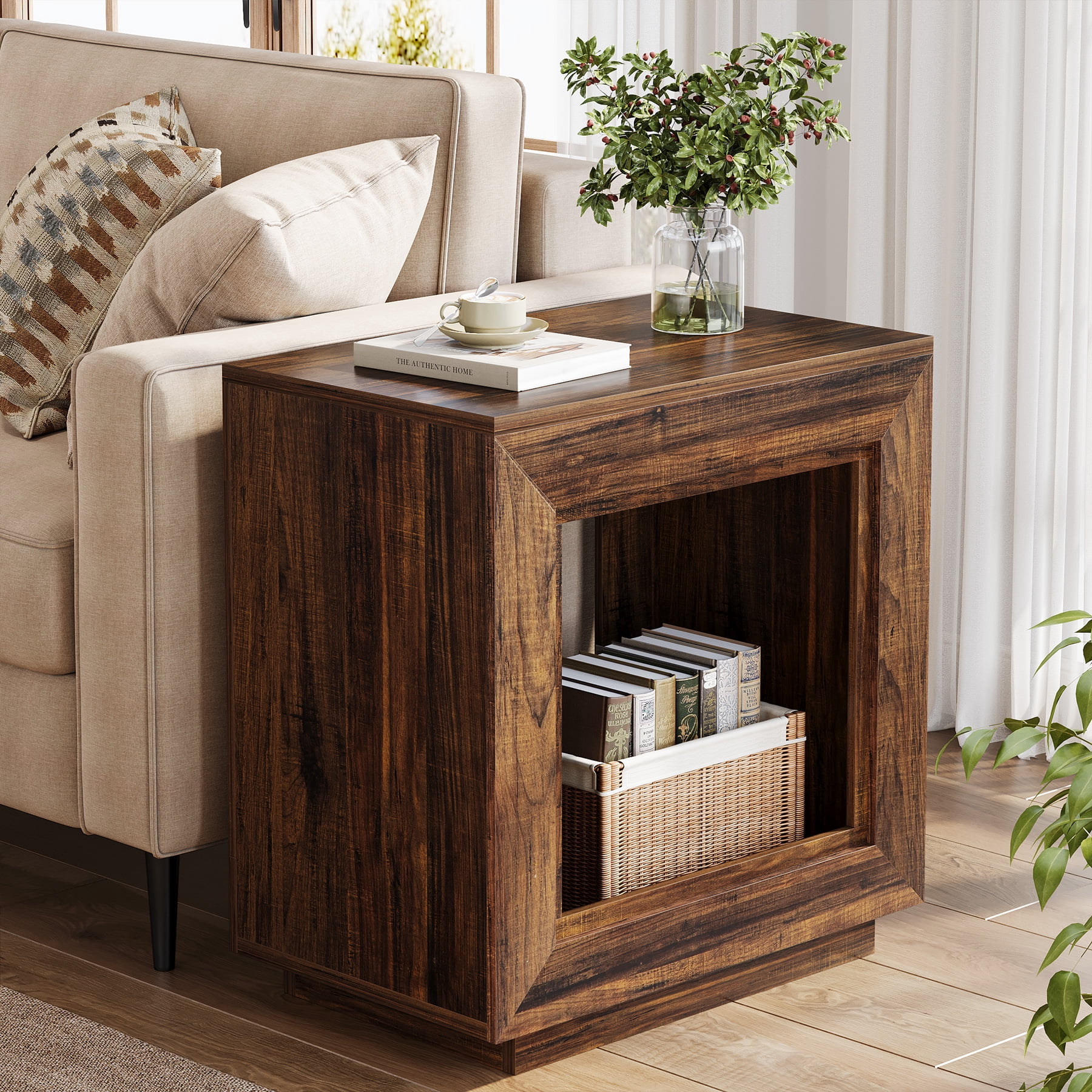 Fnova End Table Farmhouse Square Side Table with Storage, Wooden Sofa Table with Central Hollow Design, Modern Bedside Table, Easy Assembly, for Living Room, Bedroom, Nightstand, Dark Walnut