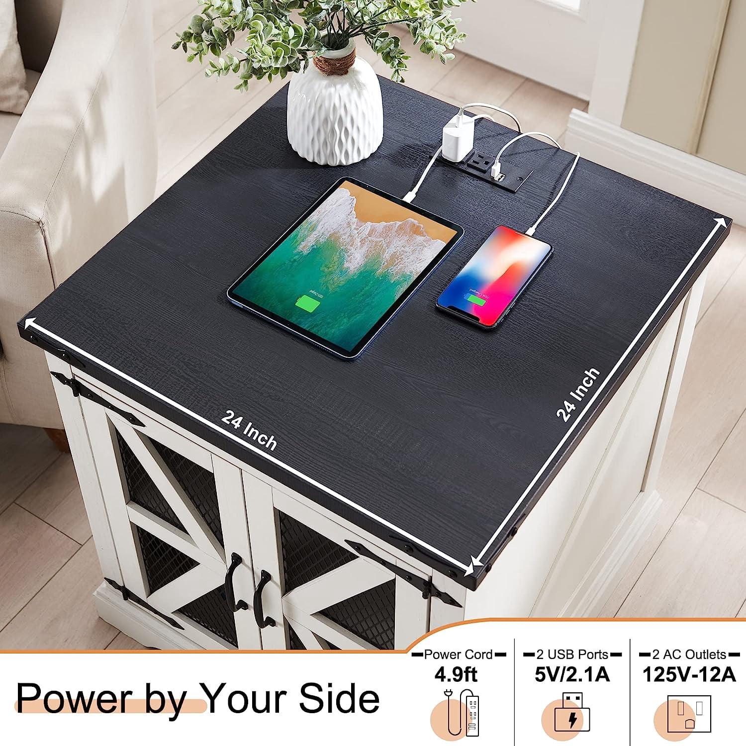 T4TREAM Farmhouse End Table with Charging Station, Side Table with Mesh Door & Storage Shelf Nightstand for Living Room Bedroom, White,Wood Tabletop