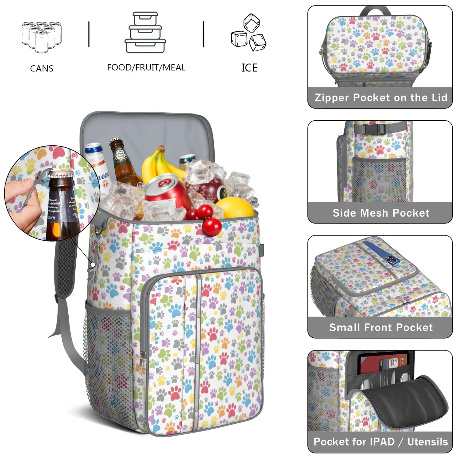 Travel Cooler Bag - White Dog Paw Footprint Camping Beer Cooler Backpack with Bottle Opener- Waterproof Insulated Picnic Backpacks - Cooler Bag for Beach