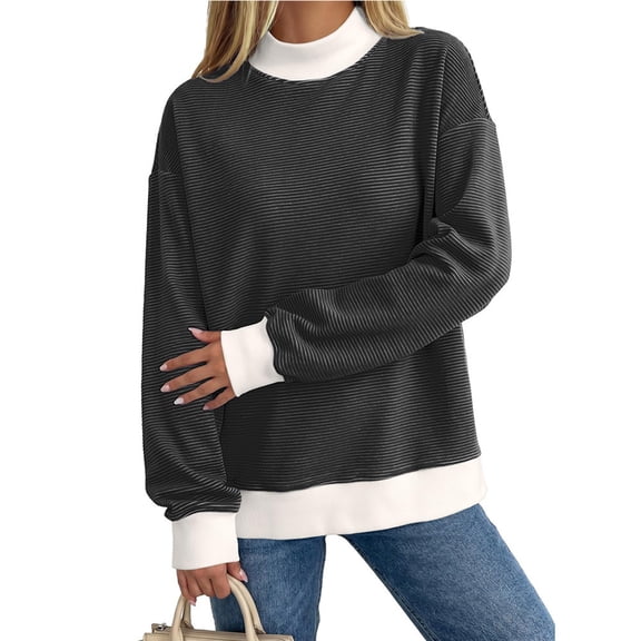 Striped Mock Neck Sweatshirt For Women Oversized Pullover Tops 2026 Long Sleeve Sweatshirts Soft Ribbed Trim Knit Material Casual Fall Winter Fashion Clothes Vacation