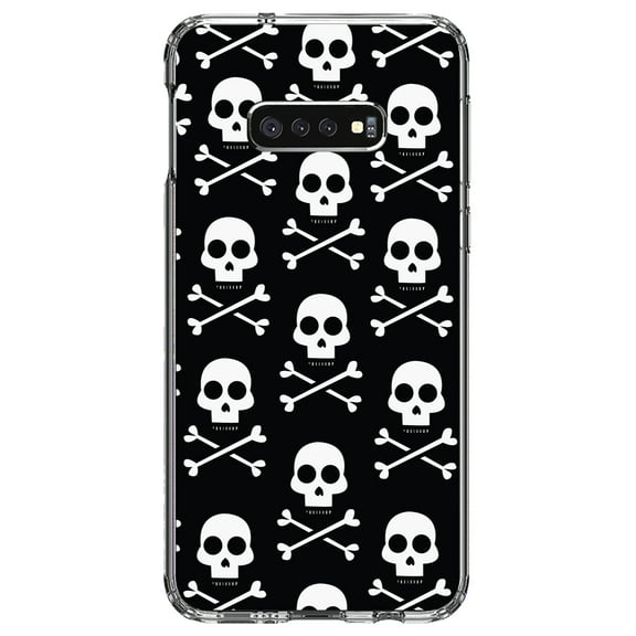 DistinctInk Clear Shockproof Hybrid Case for Samsung Galaxy S10e (5.8" Screen) - TPU Bumper, Acrylic Back, Tempered Glass Screen Protector - Black White Skulls Pattern