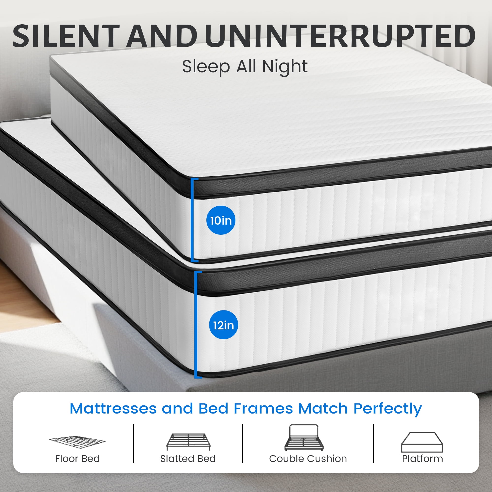 Queen Mattress 12 inch, Hybrid Queen Size Mattress in a Box with Upgrade Innerspring, White