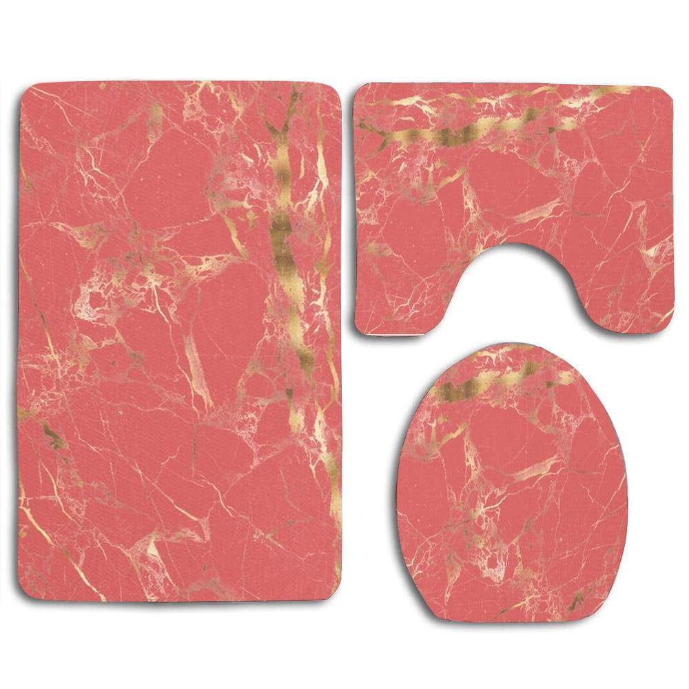 PUDMAD Marble Coral Gold Veins 3 Piece Bathroom Rugs Set Bath Rug