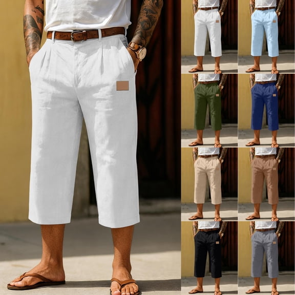 Men's Elastic Waist Wide Leg Capris, Comfortable Summer Knee Length Pants with Side Pockets for Casual, Vacation & Everyday Style Army Green XL