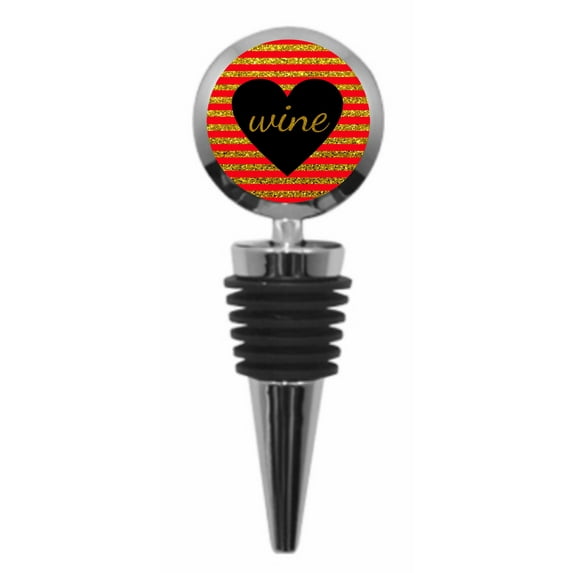 The Word "Wine," on Black Heart - on Faux Glitter Gold and Red Stripes - Metal Wine Bottle Stopper with Vaccum