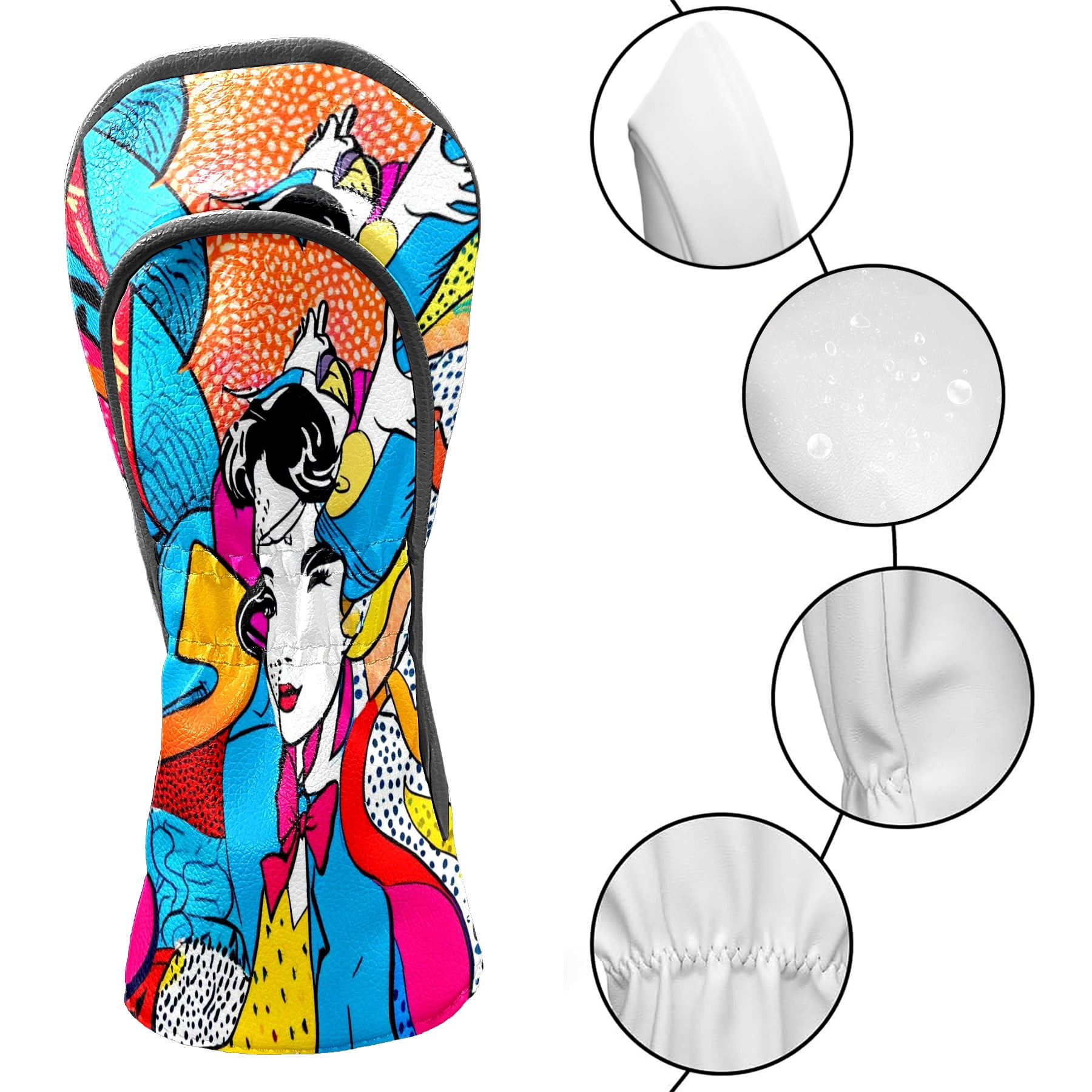 Golf Club Covers, Pop Art Premium PU Leather Driver Hybrid Putter Head Covers with Velvet Lining, Waterproof Golf Gifts for Men Women