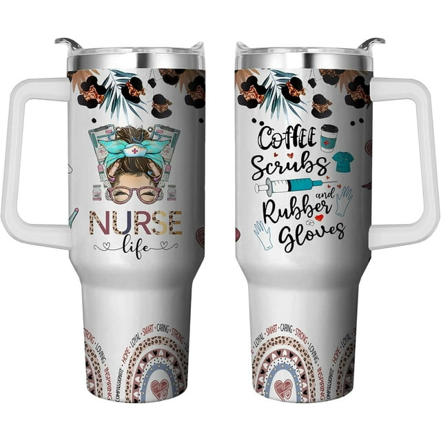 Gobelet d'Infirmière de 40 Oz avec Poignée et Paille - Tasse de Voyage à Double Paroi en Acier Inoxydable, Tasse Isolée Étanche pour Café - Cadeau Réutilisable pour Infirmières