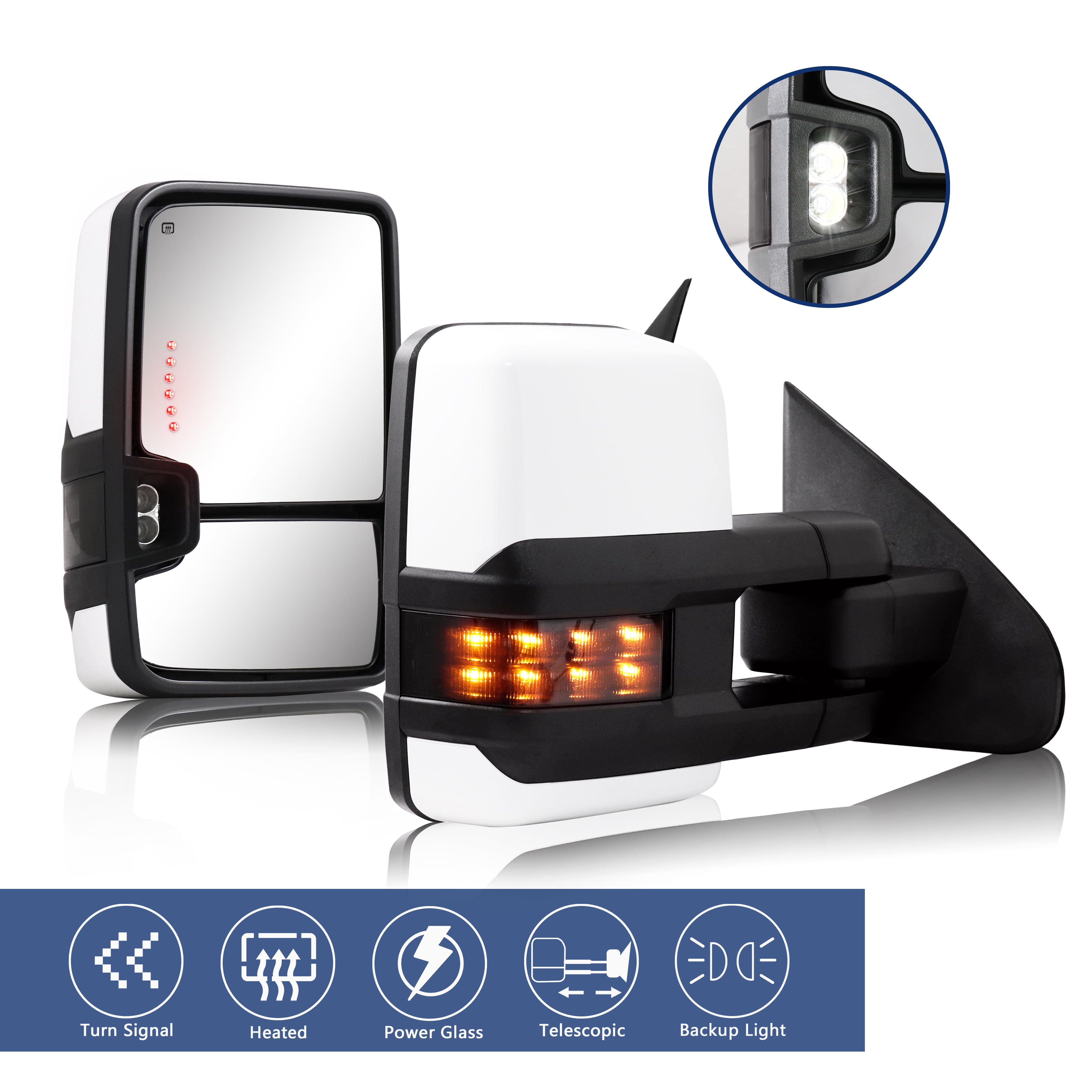 Towing Mirrors for Chevy Silverado/GMC Sierra 1500 2500 HD 3500HD with Power Glass LED Arrow Turn Signal Light Backup Lamp Heated Extendable Pair Set 14-18with back up light 