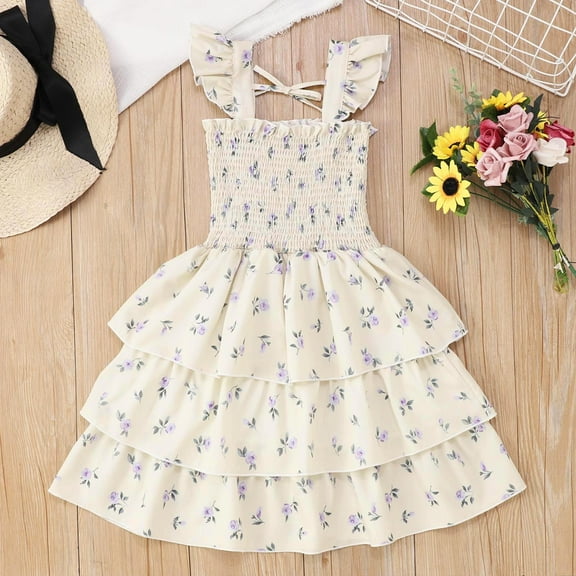 Girls Dresses Sweet Floral Print Smocked Bodice Summer Princess Party Kids Outfits