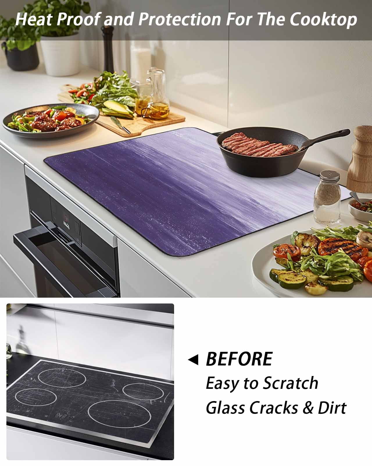 Stove Top Covers for Electric Stove, Purple Ombre Glass Stovetop Cover Protector, Modern Abstract Art Ocean Oil Painting Induction Cooktop Protector Oven Mat for Kitchen Countertop 28.5"x20.5"