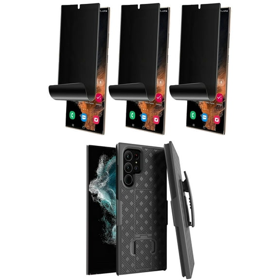 Belt Clip Case and 3 Pack Privacy Screen Protector for Samsung Galaxy S22 Ultra - Swivel Holster TPU Film Kickstand Cover Anti-Peep Anti-Spy