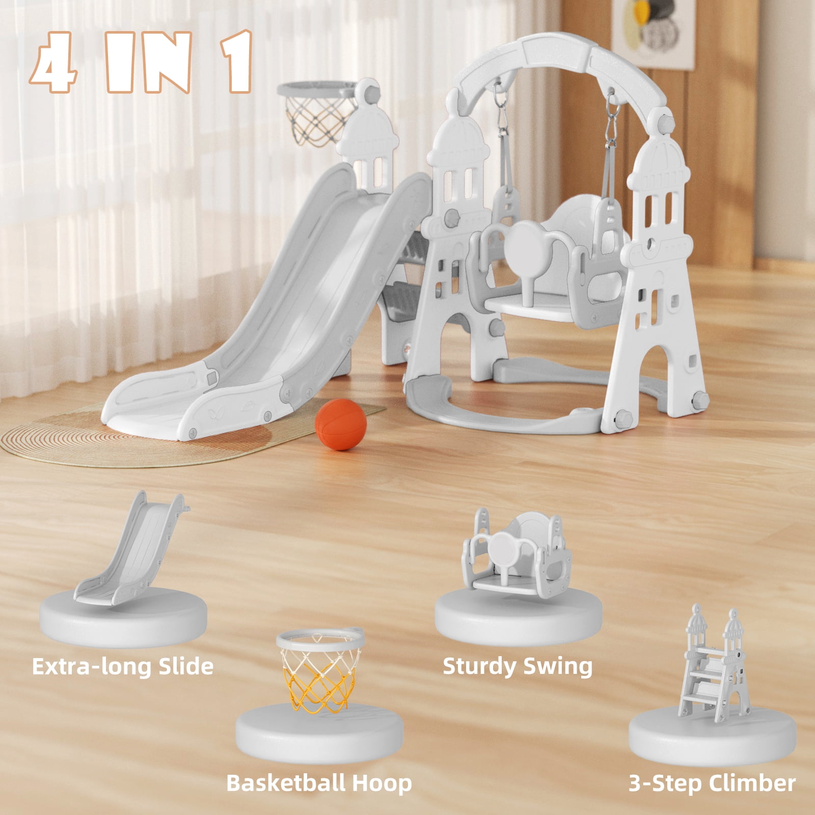 XJD 4-in-1 Kids Slide for Toddlers Age 1-3 Slide and Swing Set,Indoor Playground for Children,Freestanding Outdoor Slides with Basketball Hoop, Baby Climbing Toys