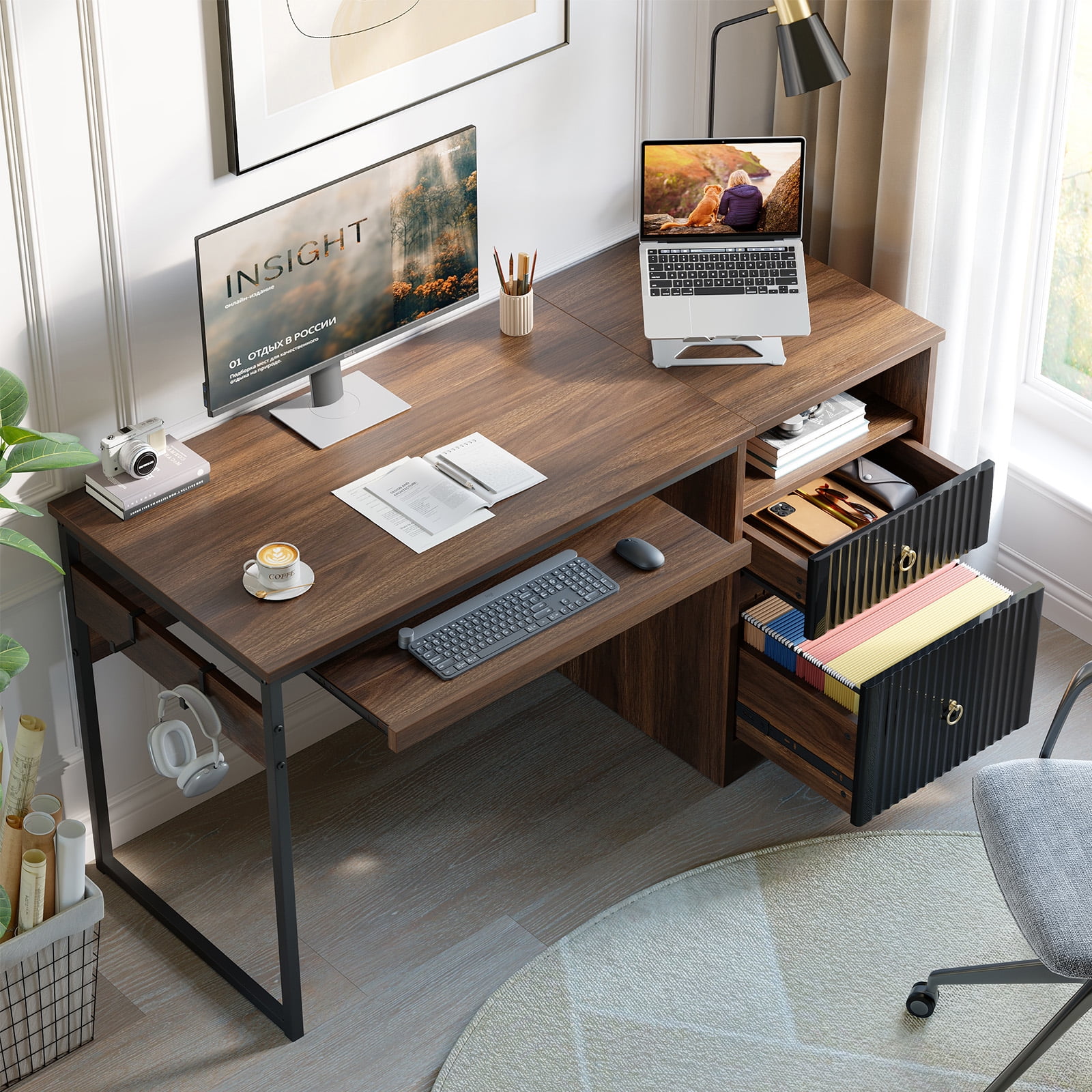 Bestier 55 Inch Office Desk with Drawers, Keyboard Tray, 2 Hooks, Modern Fluted Computer Desk for Home, Walnut