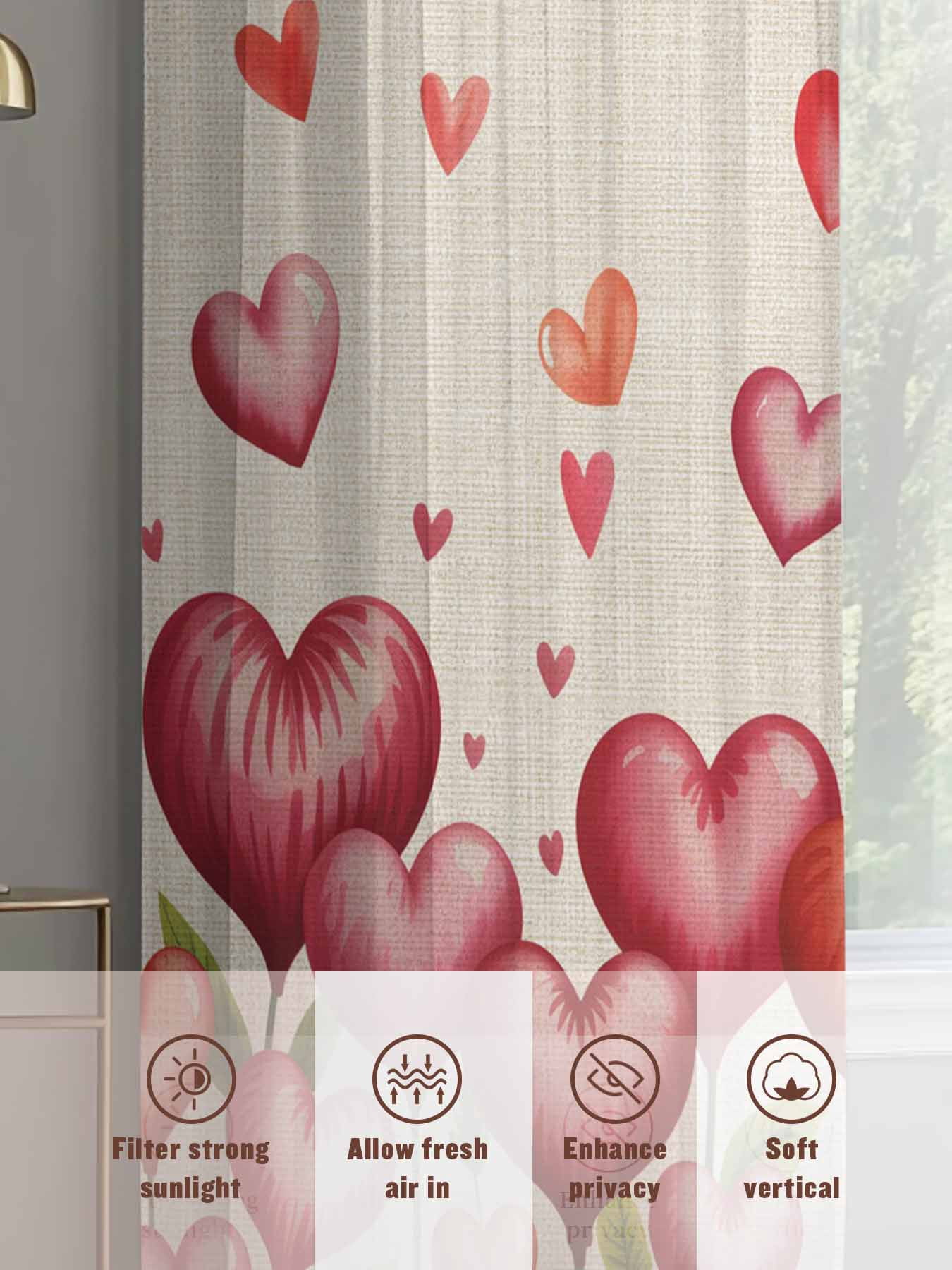 Valentine's Day Sheer Curtains 2 Panels Set Watercolor Red Pink Love Heart Floral Plant Linen Texture Sheer Window Curtains Light Filtering Rod Pocket Voile Drapes for Bedroom Living Room 52"X72"