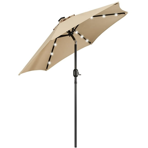 Topeakmart 7.5ft Patio Umbrella Outdoor Market Umbrella with 6 Ribs & 18 LED Solar Lights Tan