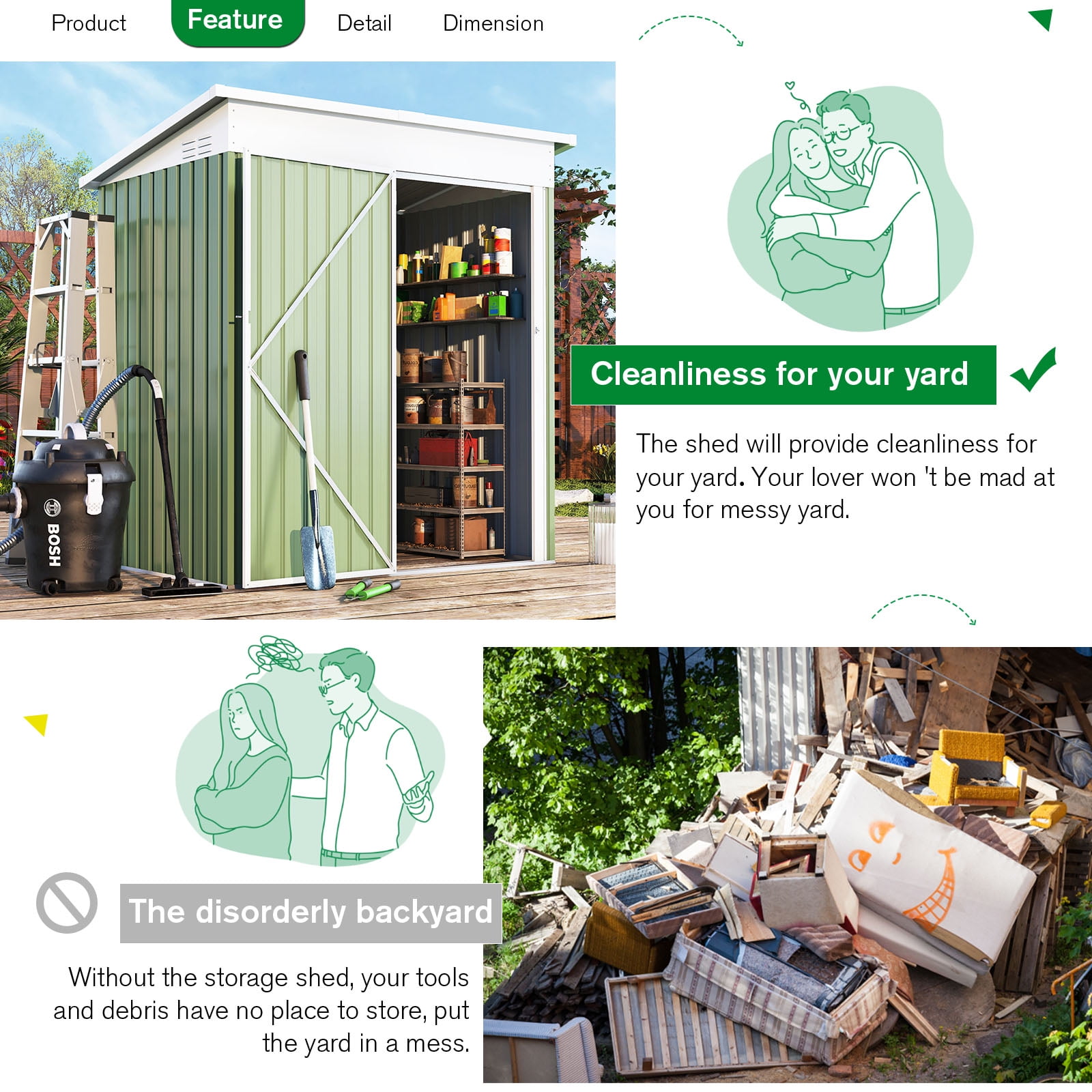 AECOJOY 5' x 3' Outdoor Metal Storage Shed with Lockable Door for Backyard in Green