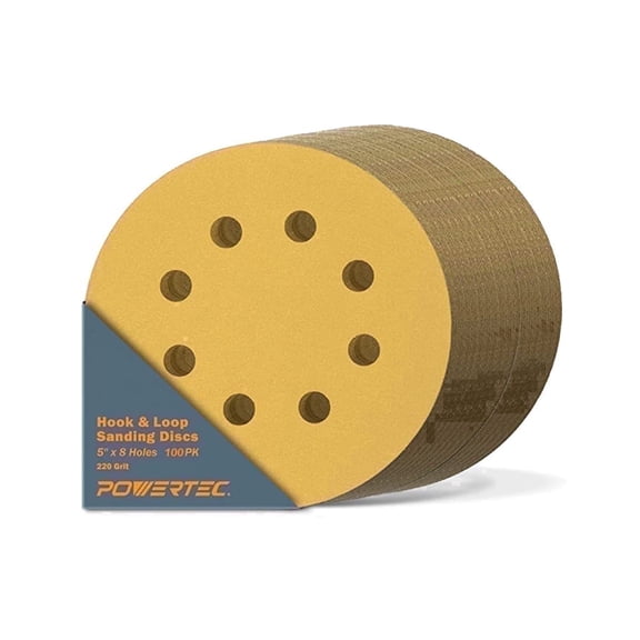 POWERTEC 100PK 5 Inch 8 Hole Hook and Loop Sanding Discs, 220 Grit, Sandpaper for Random Orbital Sanders, Air Sander, Pneumatic Sander, Auto Body Shop, 44022G-50-P2