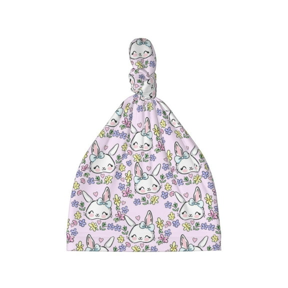 Cauagu Purple Rabbit Print Baby Knot Beanie Hats Newborn Hats Soft Headwear for 0-6 Months Infant Baby Girls Boys Caps
