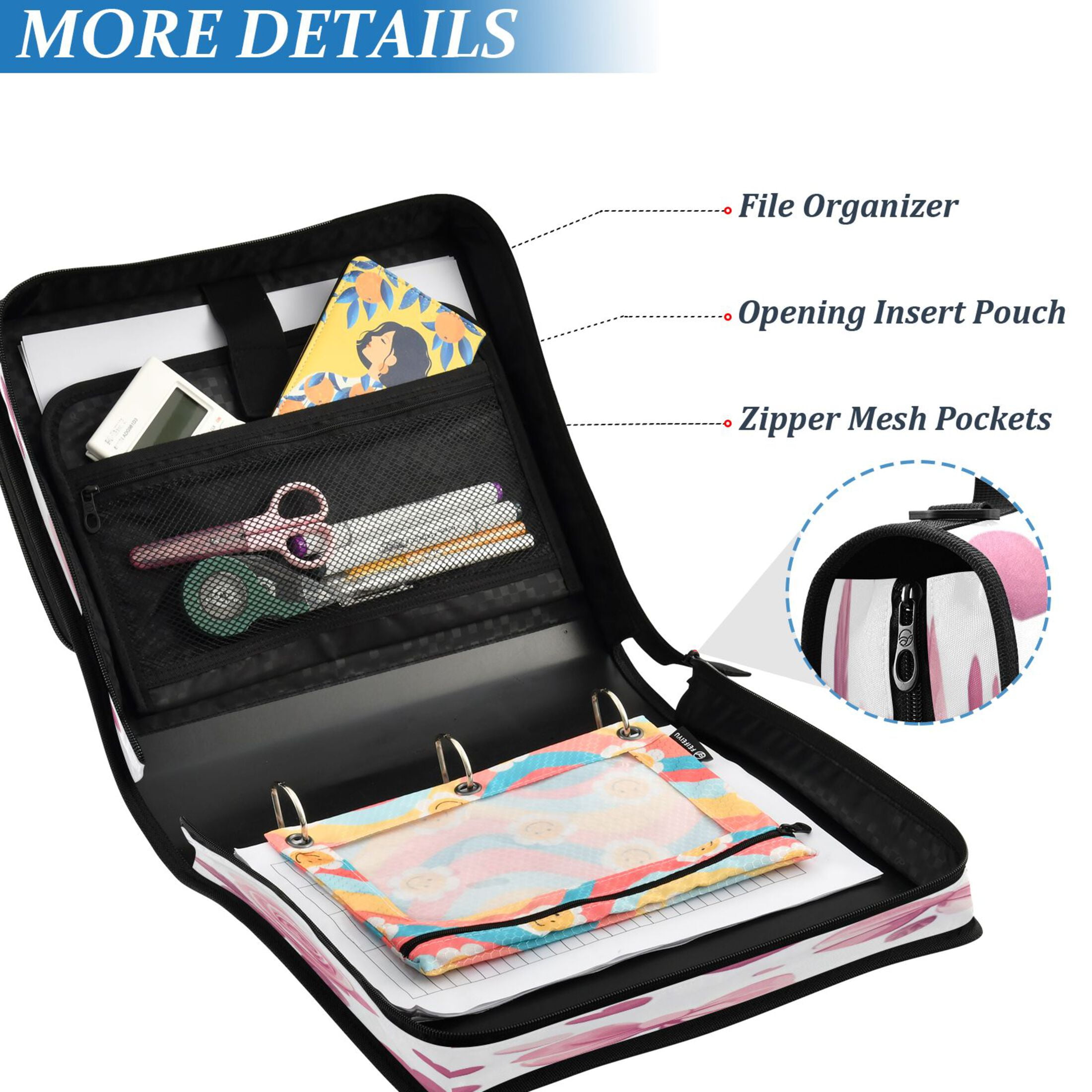 Water-Resistant 3-Ring Binder Organizer with Multiple Pockets Zipper Binder Bag for Office Pink Roses and Bows