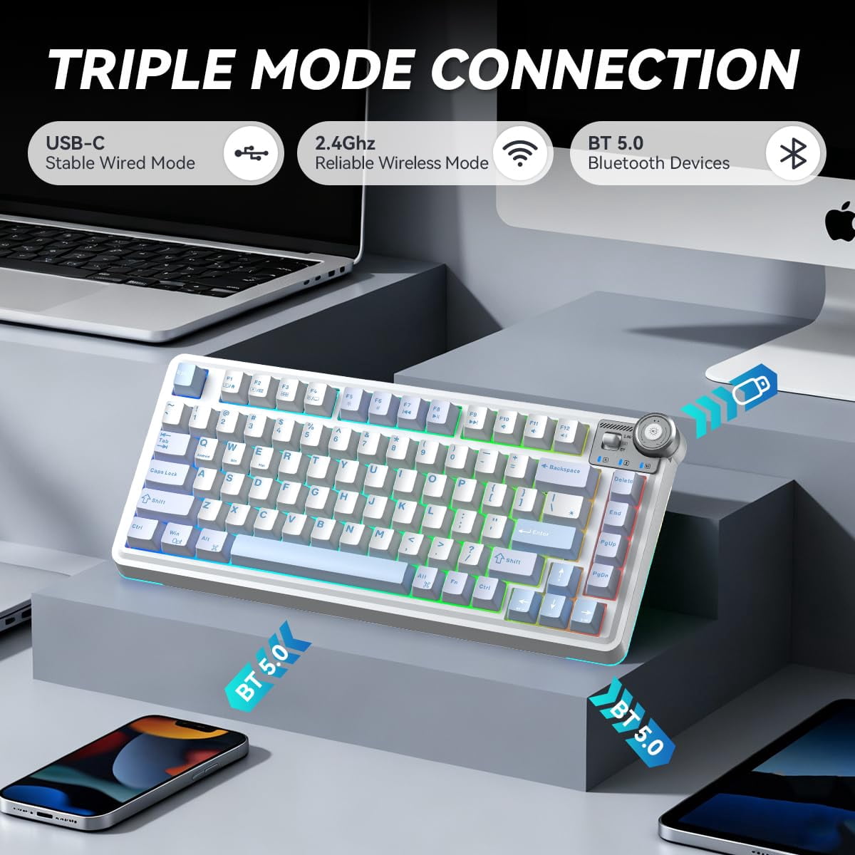 Aula AU75 Wireless Mechanical Keyboard, Hot Swap Gasket Gaming Keyboard with Knob, 4000mAh, 75% Five-Layer Padding PBT Keycaps, Blue