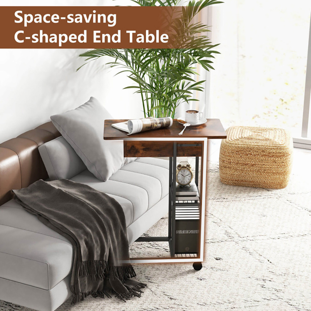 Finihen End Table, C-Shaped End Side Table with Charging Station and Wheels, Sofa Side Table, Bed Side Table, for Living Room, Bedroom, Rustic Brown Finihen End Table, C-Shaped End Side Table with Charging Station and Wheels, Sofa Side Table, Bed Side Table, for Living Room, Bedroom, Rustic Brown