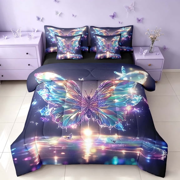 Homewish Dreamy Butterfly Twin Bedding for Girls, Princess Style Bedding Comforter Set, Black Reversible, 7pcs