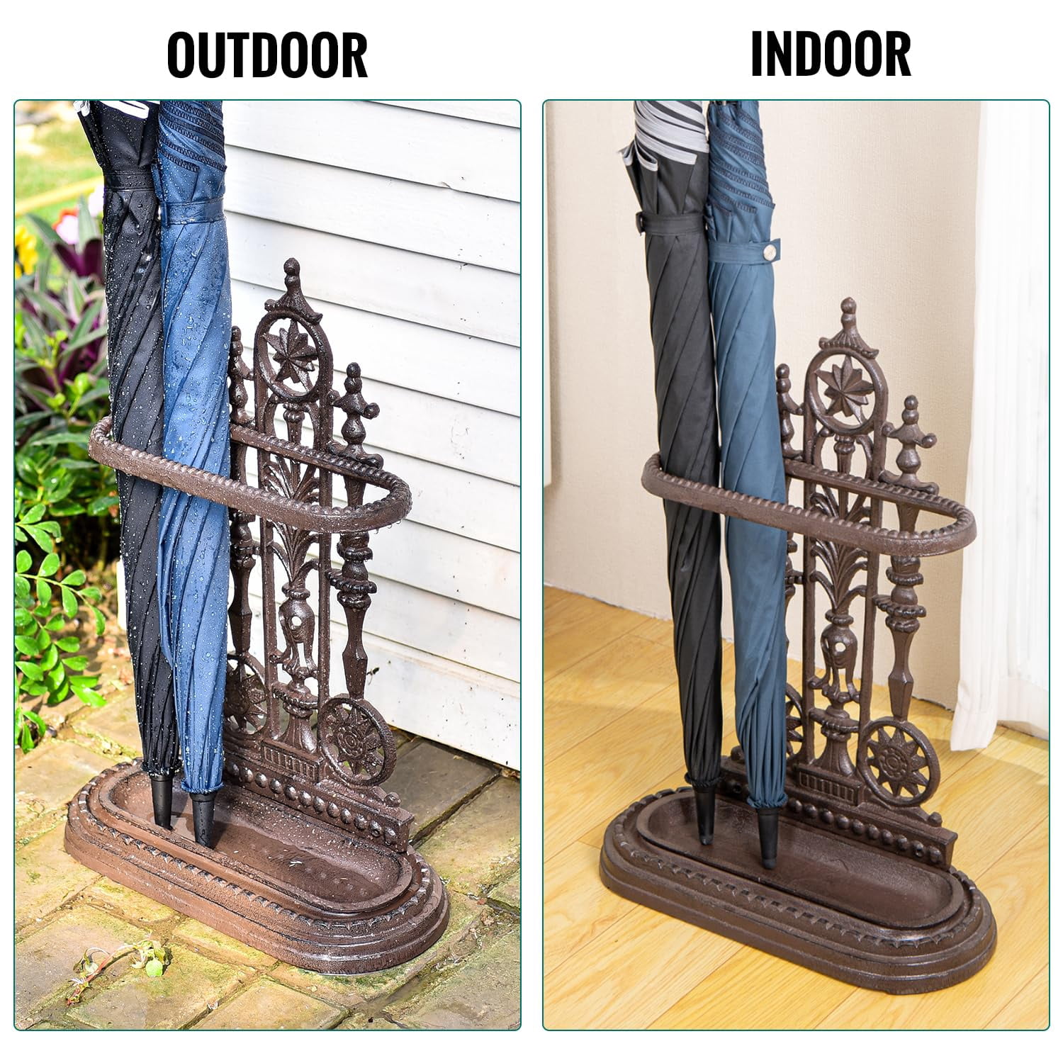 Sungmor Royal Style 1-Hook Cast Iron Umbrella Stand with Detachable Tray, Decorative Freestanding Umbrella Rack Organizer