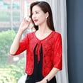 thumbnail image 3 of Women Fall Spring Coat Lace-up Floral Embroidery Solid Color Shawl Three Quarter Sleeves Loose Hollow Out Lace Round Neck Short Type Sun Protection Jacket, 3 of 8
