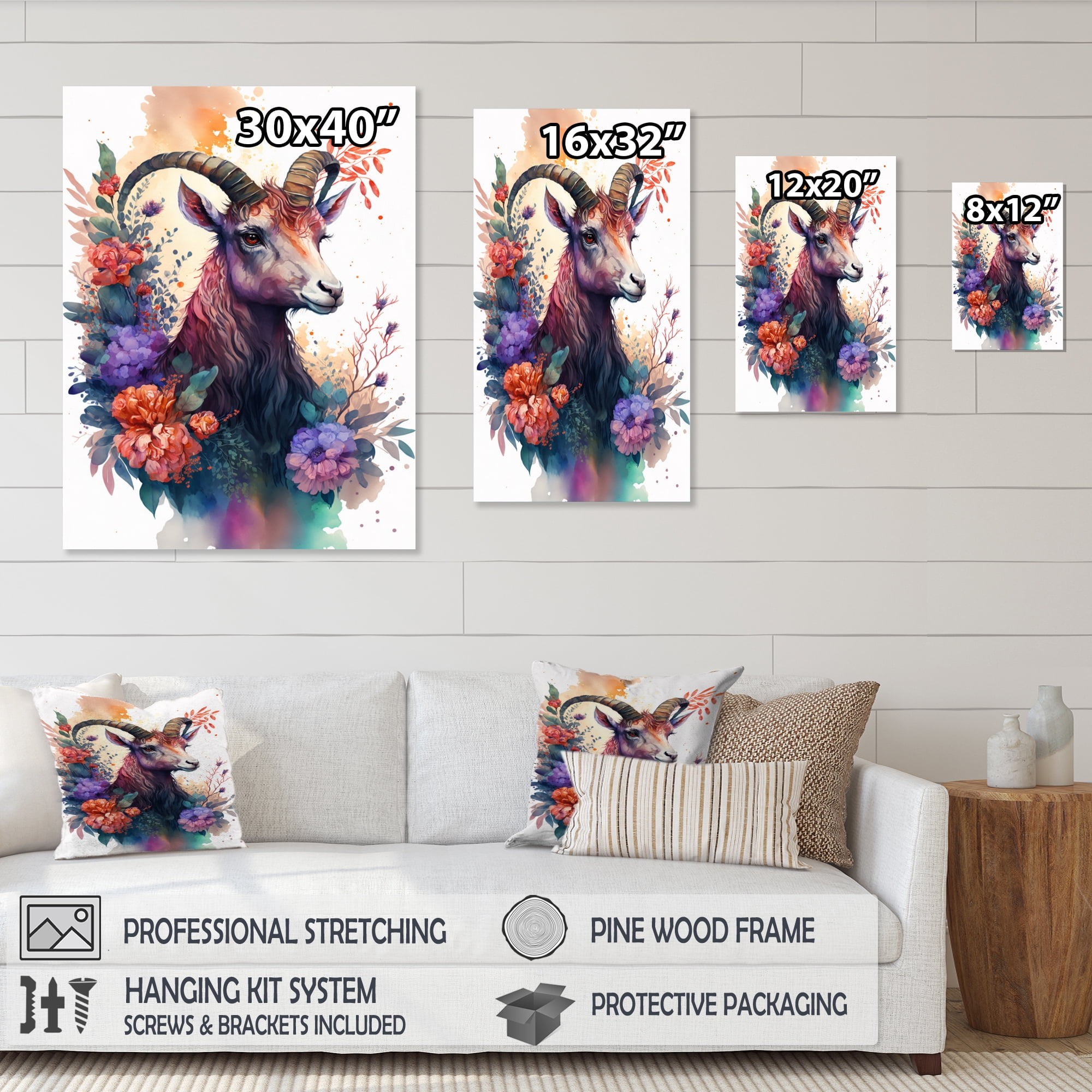 Designart Cute Goat Floral Art I Canvas Wall Art