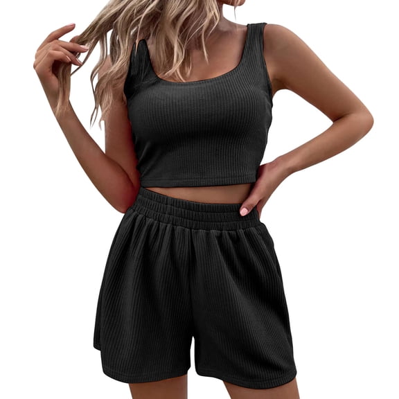 Baqcunre Women's Knitted Two Piece Sleeveless Home Wear Matching Crop Top and High Waisted Shorts Set,Color Black,Size XS-L
