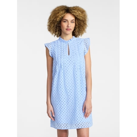 Time and Tru Women's Cotton Eyelet Mini Dress with Flutter Sleeves, Sizes XS-XXXL