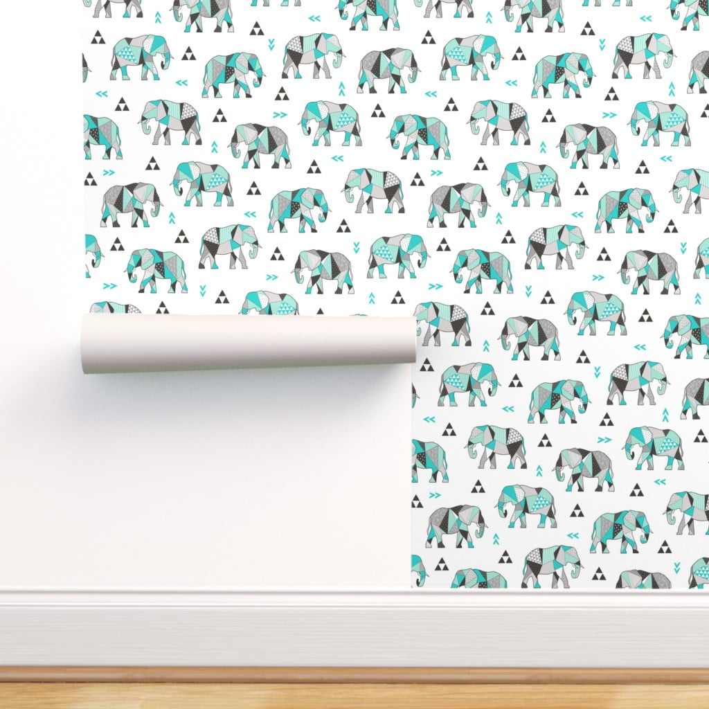Peel & Stick Wallpaper Swatch - Elephants Geometric Triangles Mint