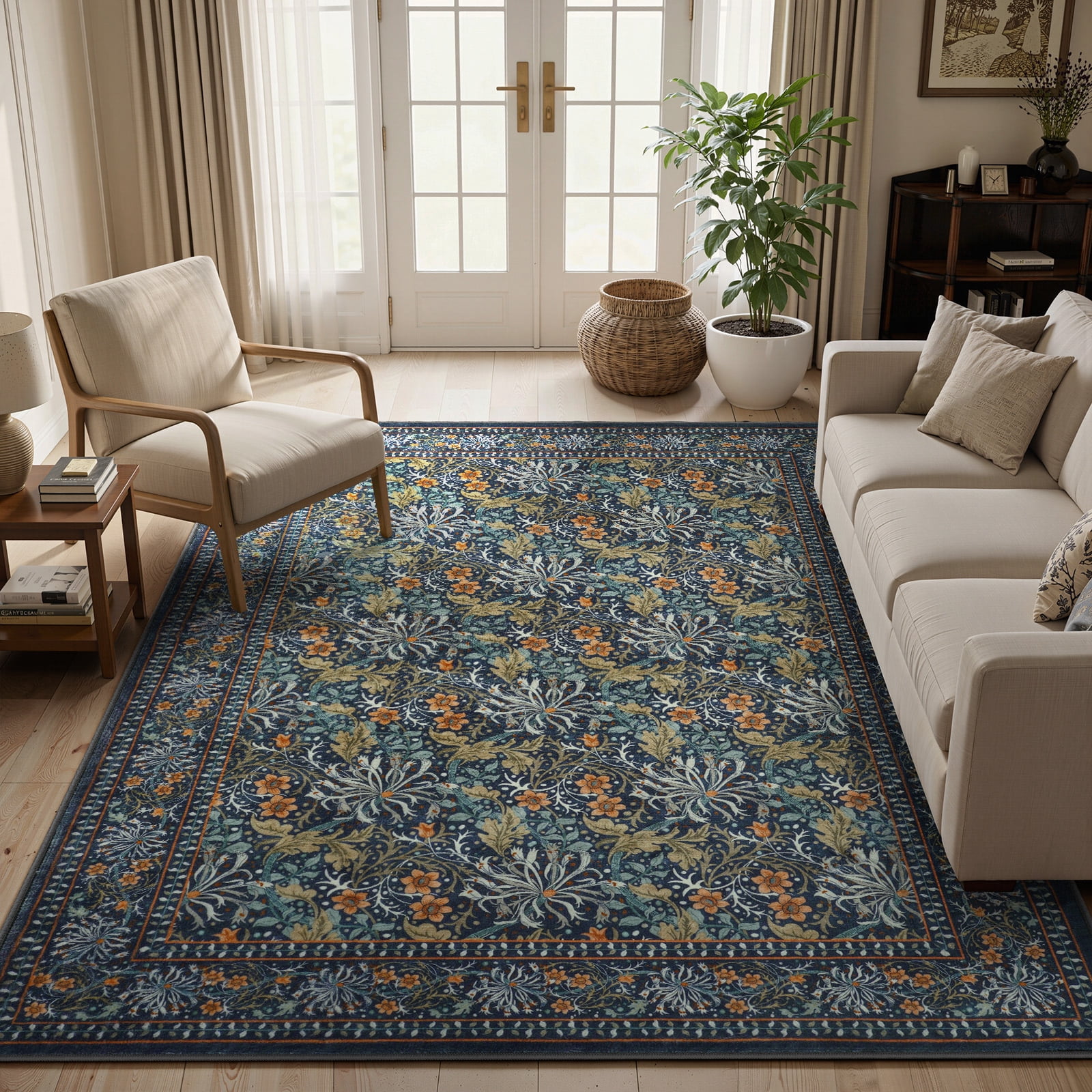SUNDEREY 5'x7' Vintage Floral Area Rugs for Living Room, Washable Large Boho Area Rugs for Bedroom, Soft Non-Slip Thin William Morris Botanical Rug for Dining Room Home,Dark Green