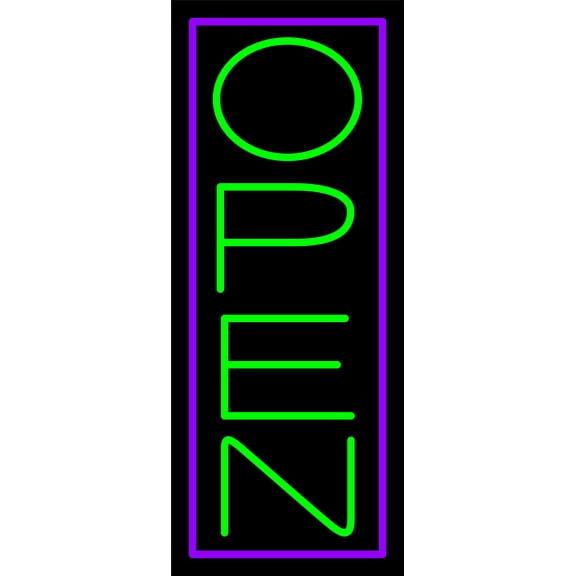 Purple Border With Green Vertical Open LED Neon Sign 24 x 10 - inches, Clear Edge Cut Acrylic Backing, with Dimmer - Bright and Premium built indoor LED Neon Sign for storefront.