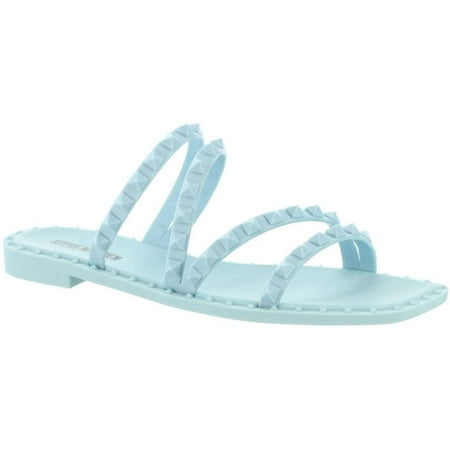 Steve Madden Skyler-J Baby Blue Leather Studded Strappy Slip On Flat Sandal (5.5, Baby Blue)