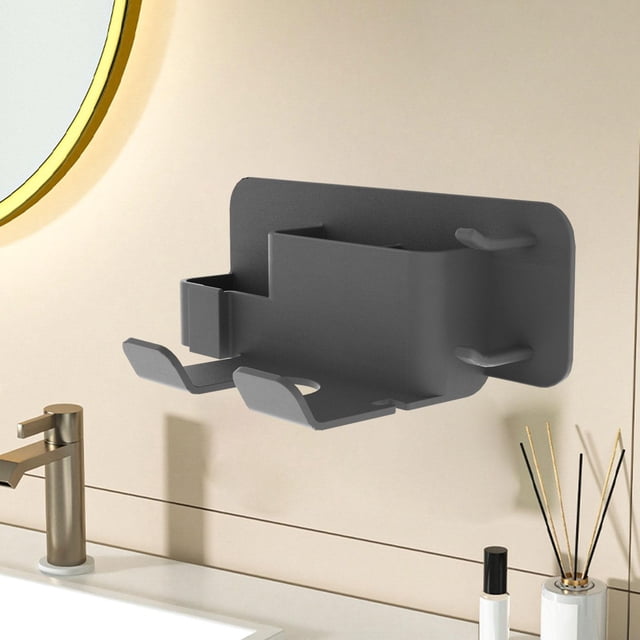 Estante de Soporte para Secador de Pelo, Herramientas de Estilismo con Soporte para Peine, Almacenamiento de Salón de Dormitorio Sin Perforaciones, Es negro