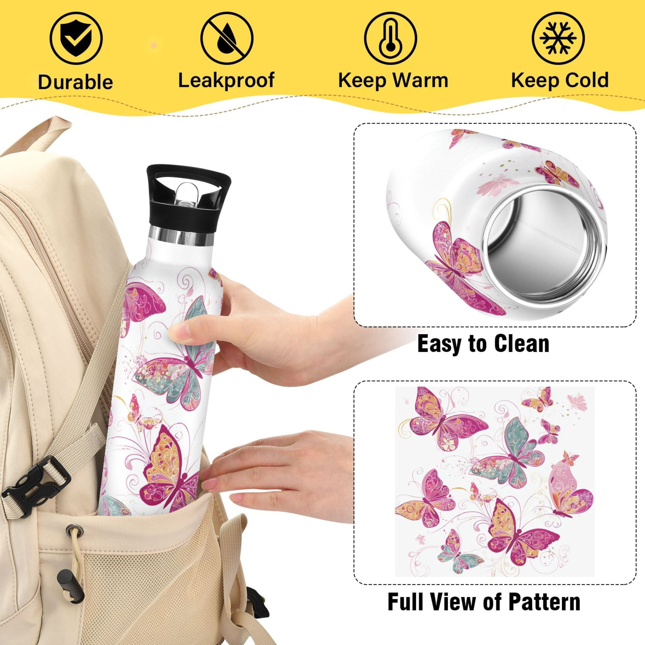 Kids Insulated Stainless Steel Sports Water Bottle 600ml (20oz) Colorful Butterflies