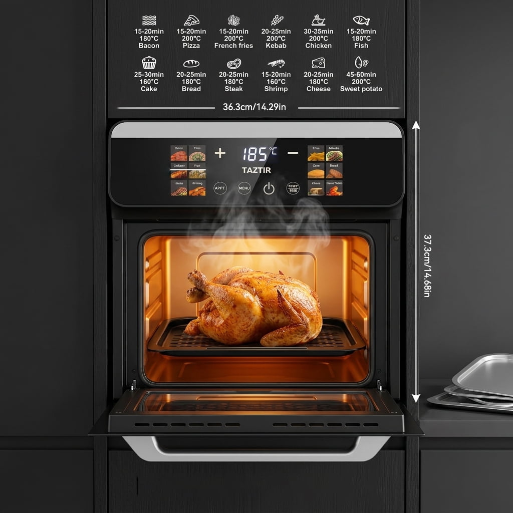 TAZTIR Air Fryer Oven Combo, 12.7 qt, Black, 12 Cooking Presets, Dish Sanitizing Mode, Digital Countertop Oven